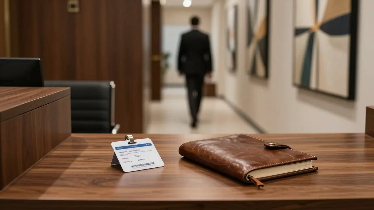 A discreet agency office with an ID card and appointment book on a wooden desk, conveying privacy and professionalism.