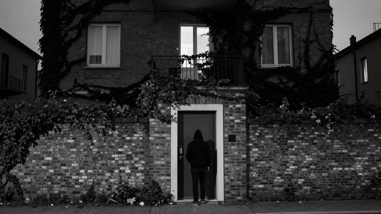 A discreet Milan apartment building with no signage, a lone figure entering through a keypad entrance at dusk.