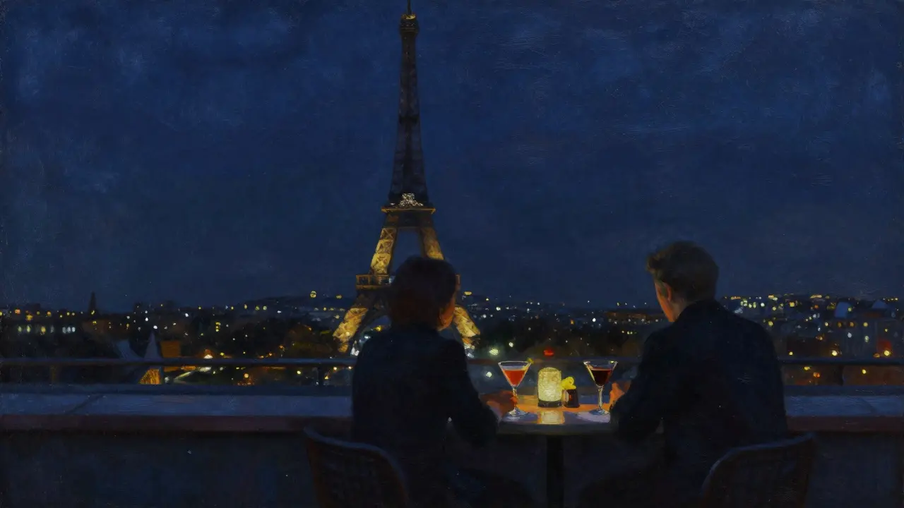 A hidden rooftop bar at night, the Eiffel Tower silhouetted against a deep blue sky as two figures enjoy quiet cocktails.
