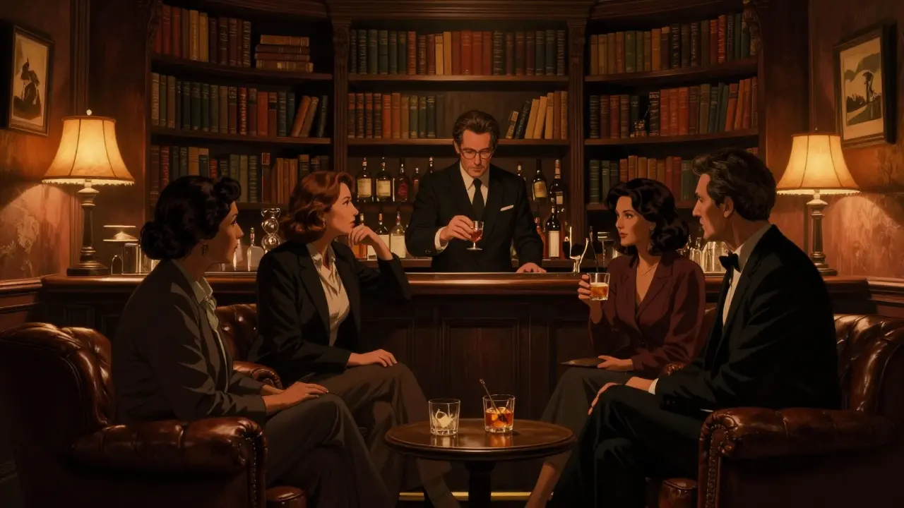 A hidden speakeasy bar with bookshelf entrance, dim lighting, and professionals in deep conversation.