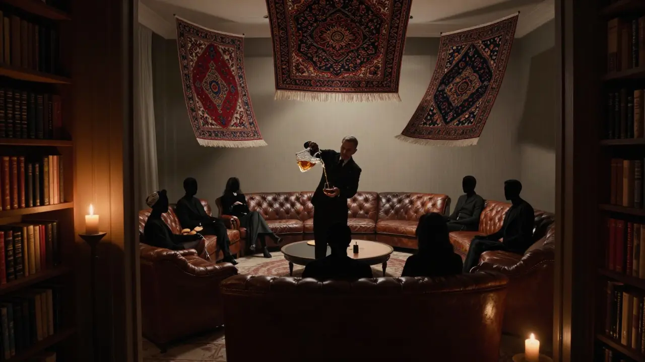 A hidden speakeasy behind a bookshelf, glowing candlelight, floating rugs, and a sommelier pouring whiskey.