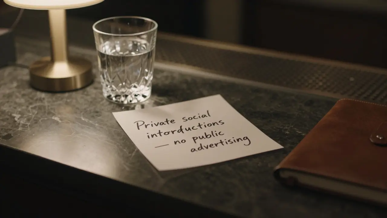 A luxury hotel concierge desk with a private invitation note and glass of water, no faces shown.