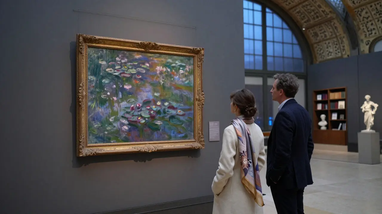 A man and woman admiring a Monet painting in the empty Musée d’Orsay at twilight.