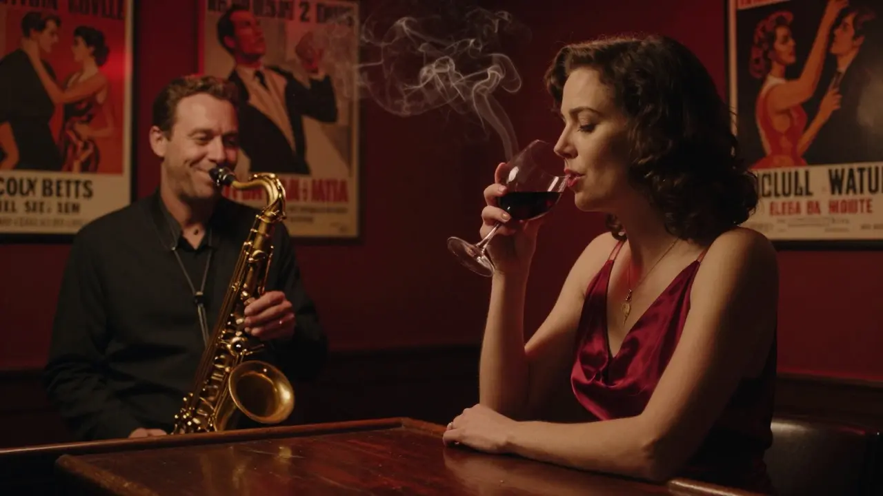 A man and woman at a dim jazz bar in Paris, listening to live music with glasses of wine.