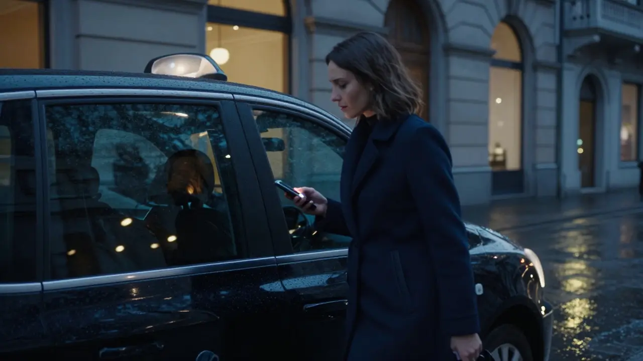 A modern escort stepping into a taxi at night in Milan, city lights reflecting on wet streets.