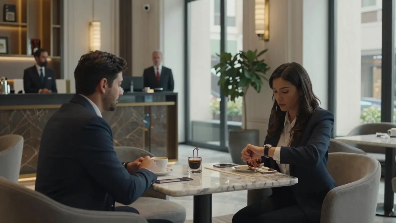 A safe meeting in a luxury Milan hotel lobby, with guest and companion seated calmly under natural light.