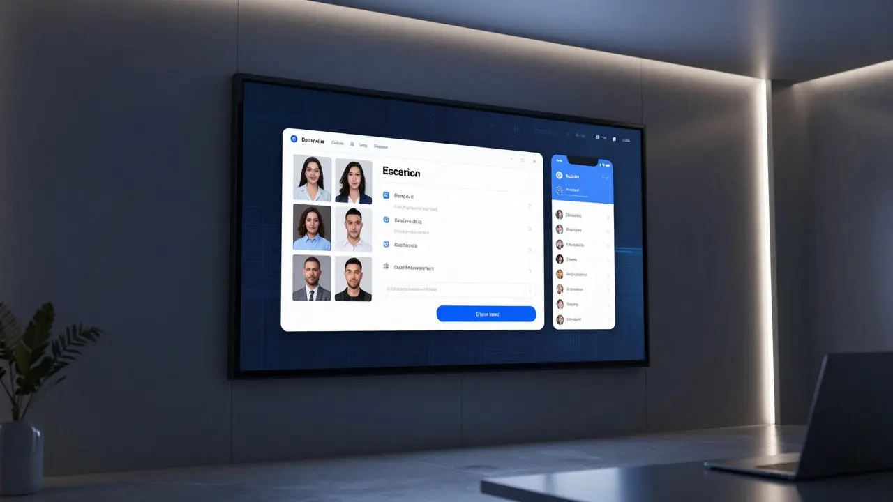 A secure digital interface showing verified escort profiles with watermarked photos in a modern office.