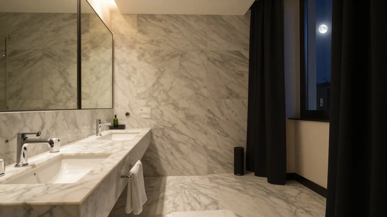 A serene, minimalist hotel suite in Milan with marble bathroom and blackout curtains, illuminated by soft moonlight.