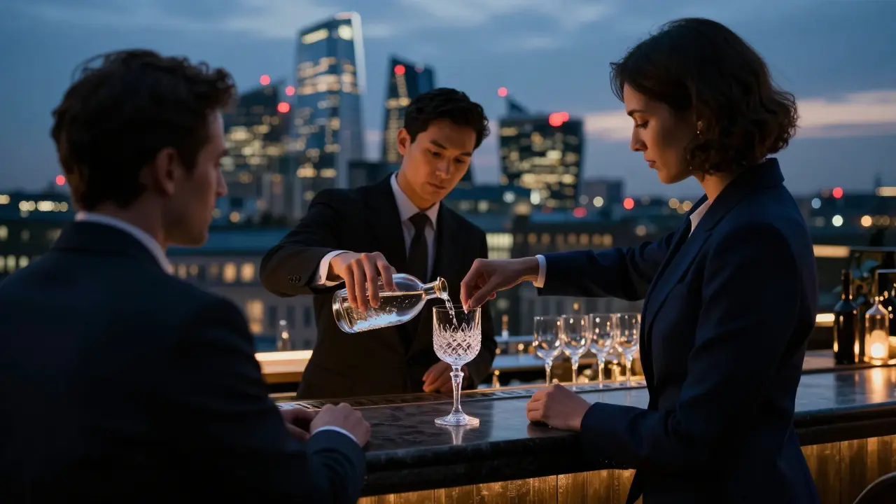 A silhouette of a companion pouring gin at a luxury rooftop bar, city lights glowing behind them.