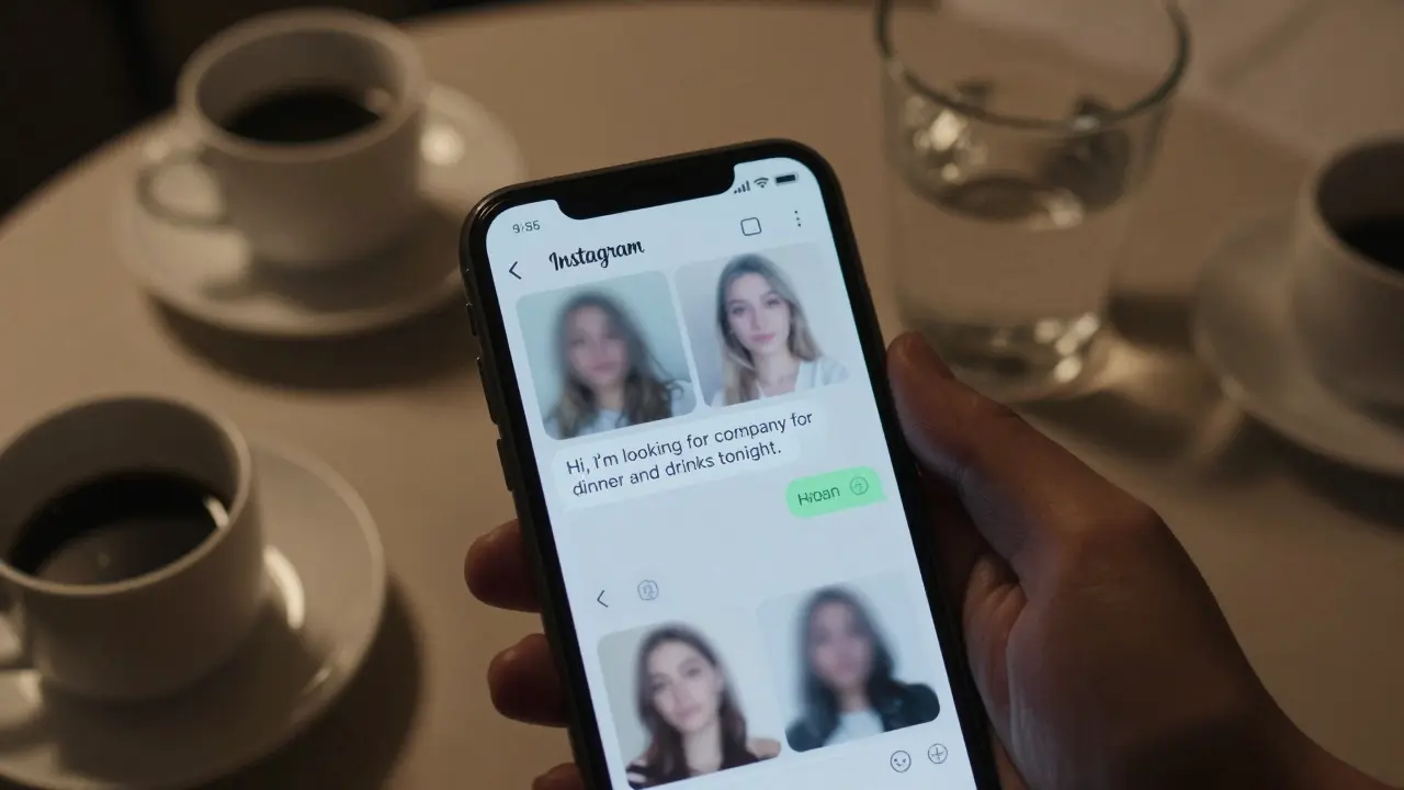 A smartphone displays a private message about escort services, surrounded by hotel room items in soft lighting.