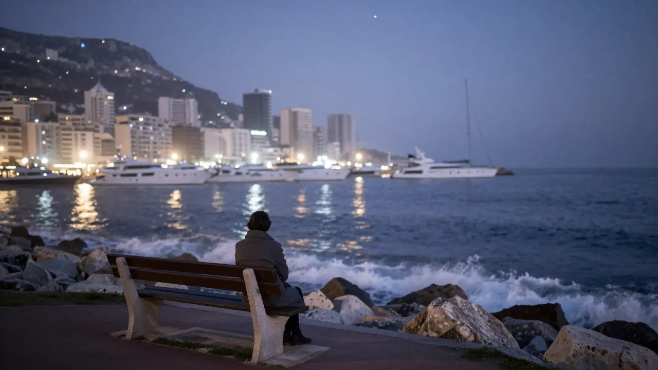 A solitary figure on a hilltop bench overlooking Monaco's harbor at dawn, calm and starlit.