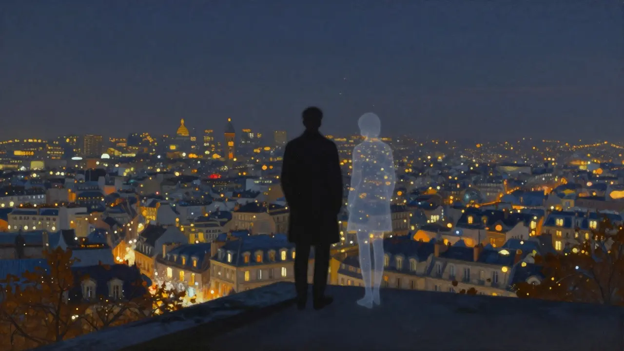 A solitary figure overlooks Paris at night, with a faint spectral companion beside them.