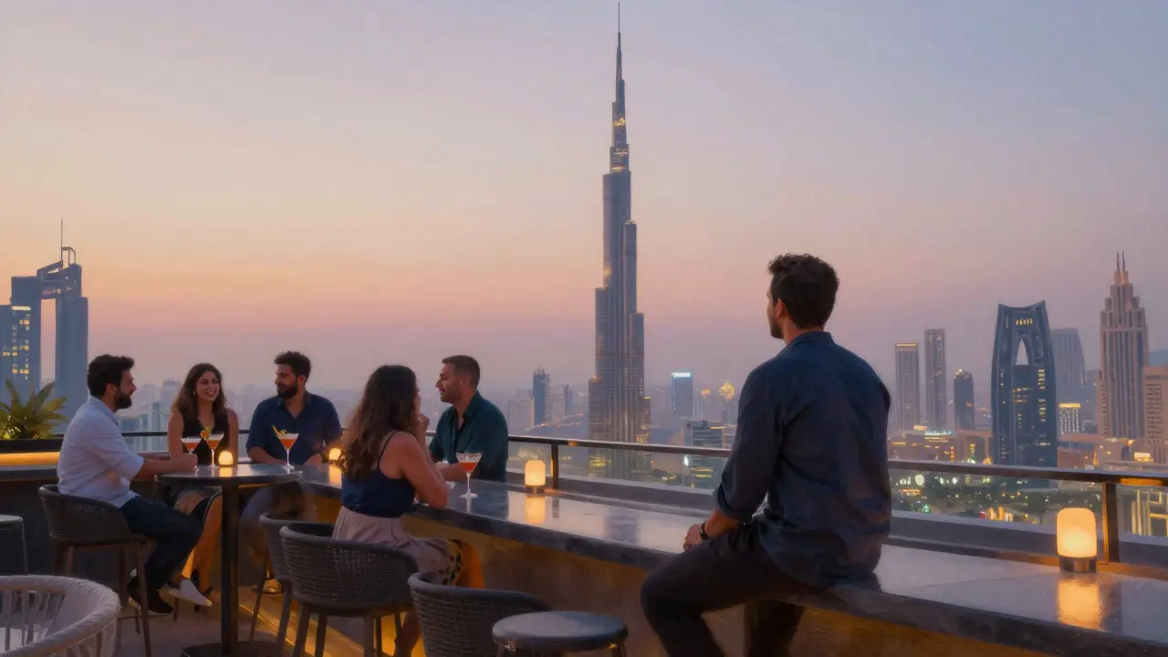 A solitary man sits at a Dubai rooftop bar at sunset, gazing at the city skyline while others socialize nearby.