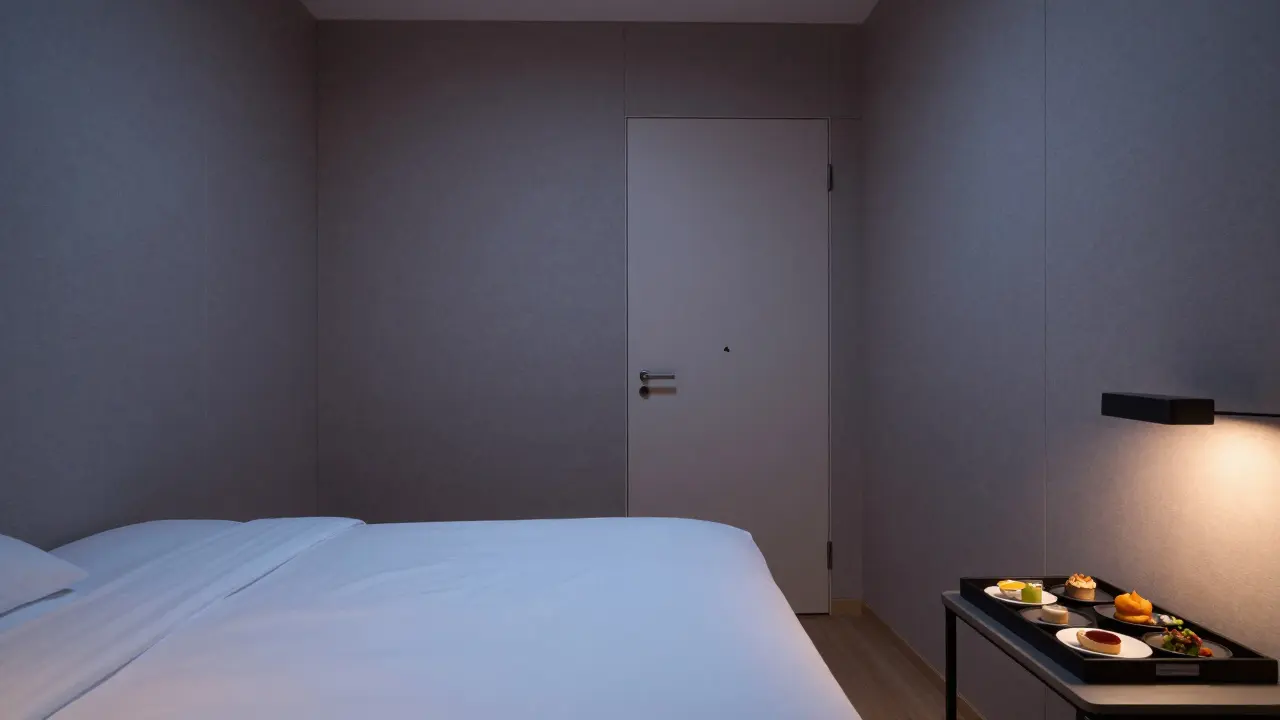 A soundproof hotel room with a private dining tray, no visible signage, serene and minimal.