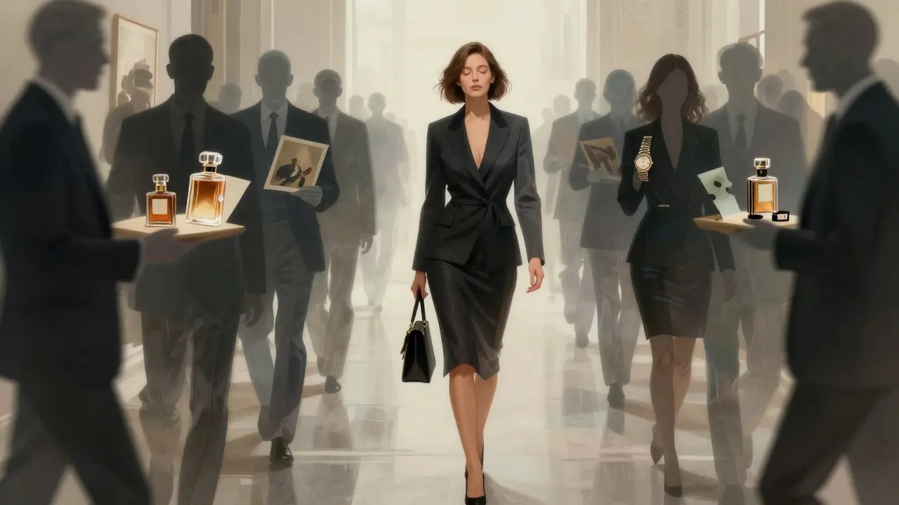 A translucent woman walks through a gallery, surrounded by ghostly client figures holding fragments of memories like paintings and perfume bottles.