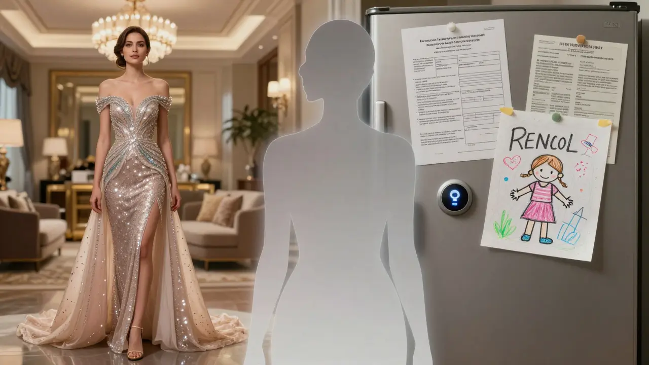 A transparent figure stands between fantasy and reality—luxury on one side, survival on the other.