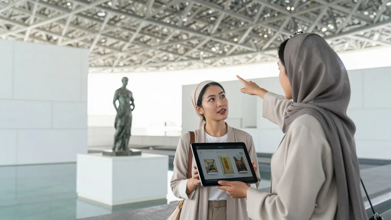 A woman and companion admire art at the Louvre Abu Dhabi, bathed in natural light beneath the museum's iconic dome.