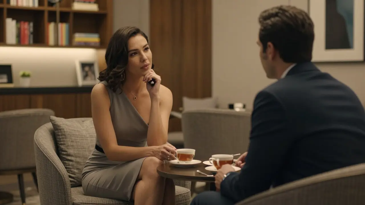 A woman and man having a quiet, meaningful conversation in a luxury hotel lounge.