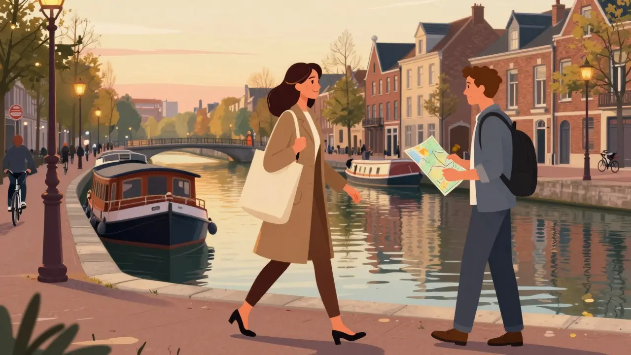 A woman and man walking along the Canal Saint-Martin at sunset, enjoying a peaceful stroll in Paris.