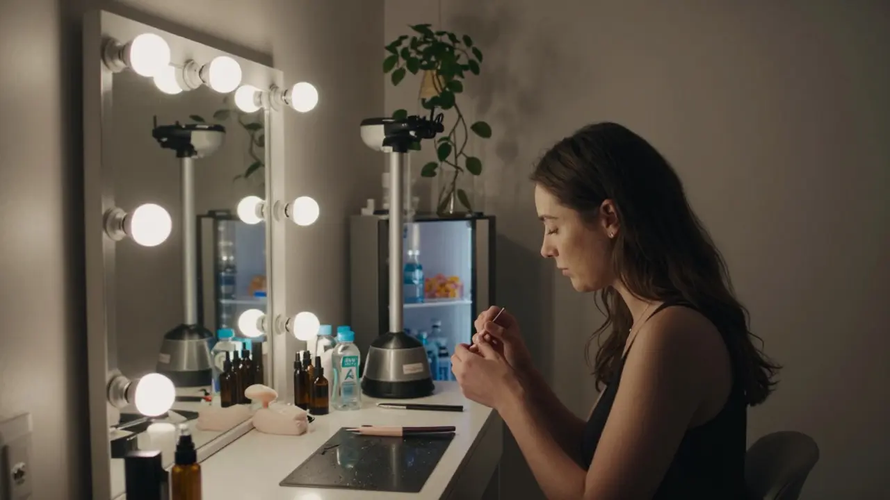 A woman applies nude nail polish in a serene prep room with soft lighting, steamer, and CBD gummies visible in the background.