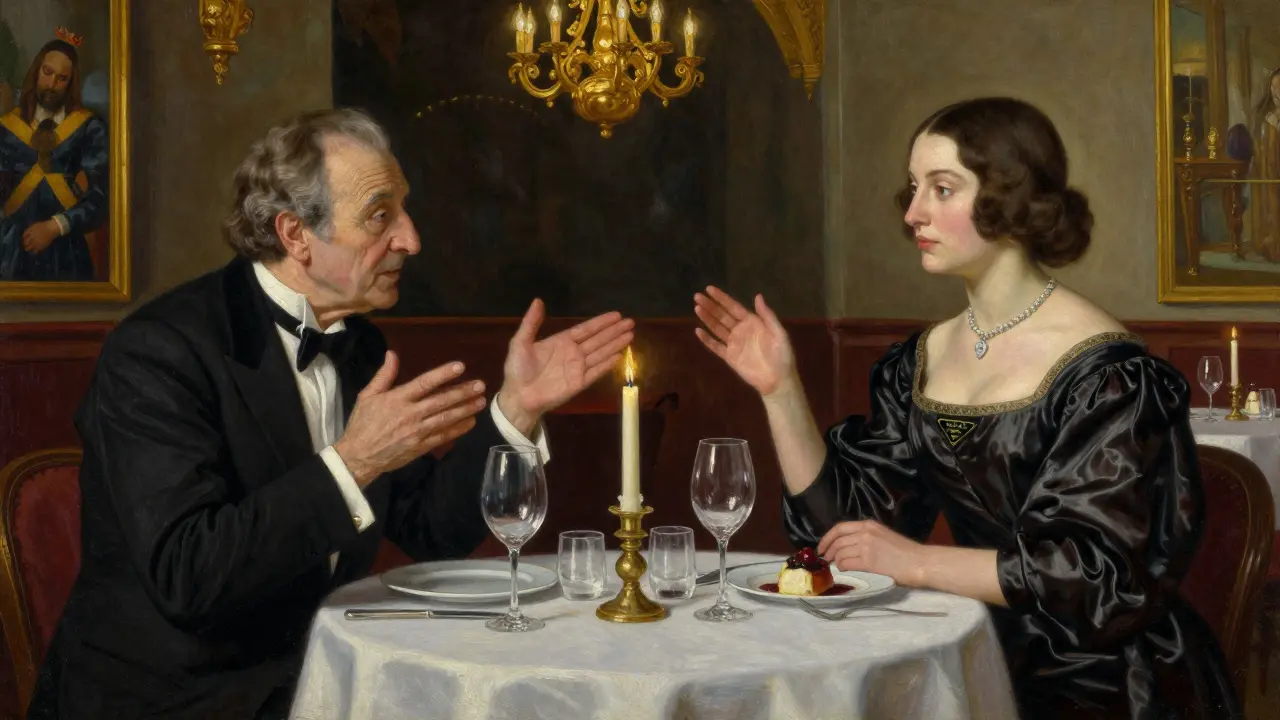 A woman in a silk gown sits across from an elderly man at a candlelit dinner, he speaks passionately about art as she listens quietly.