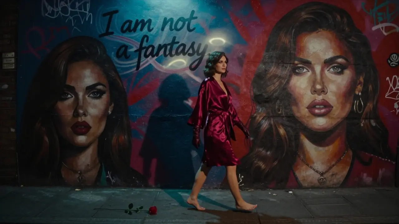 A woman walks alone at dawn through a Shoreditch alley, her silhouette against murals of strong, watching women.