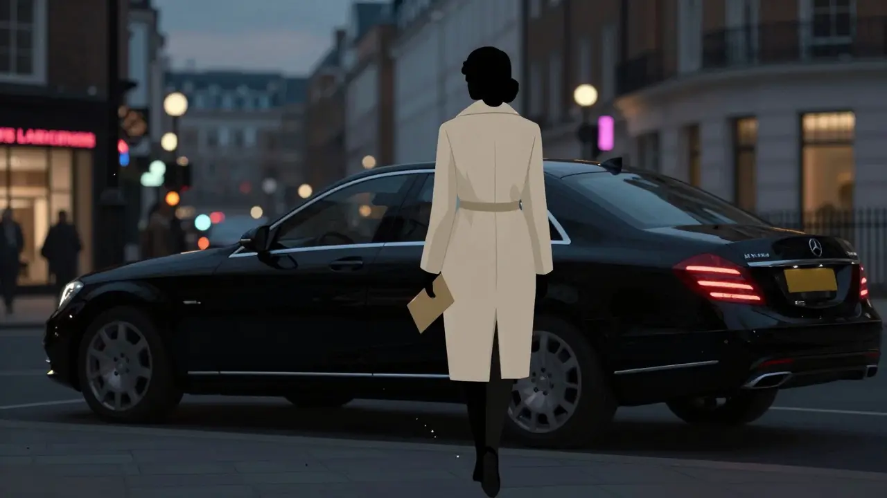 A woman walks away from a black luxury car at dusk, holding an envelope, her face unseen, city lights blurred behind her.