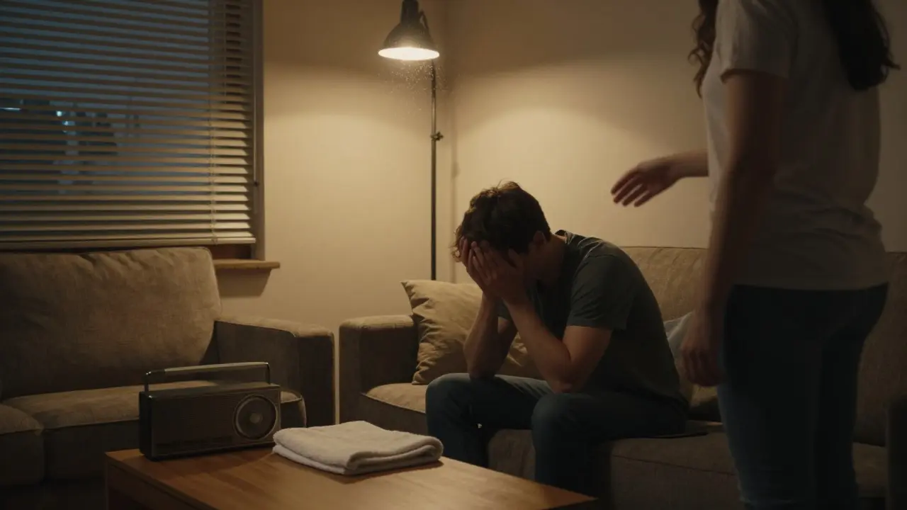 A young man sits silently on a sofa in a dim apartment, a towel and radio nearby, as a woman offers quiet presence.