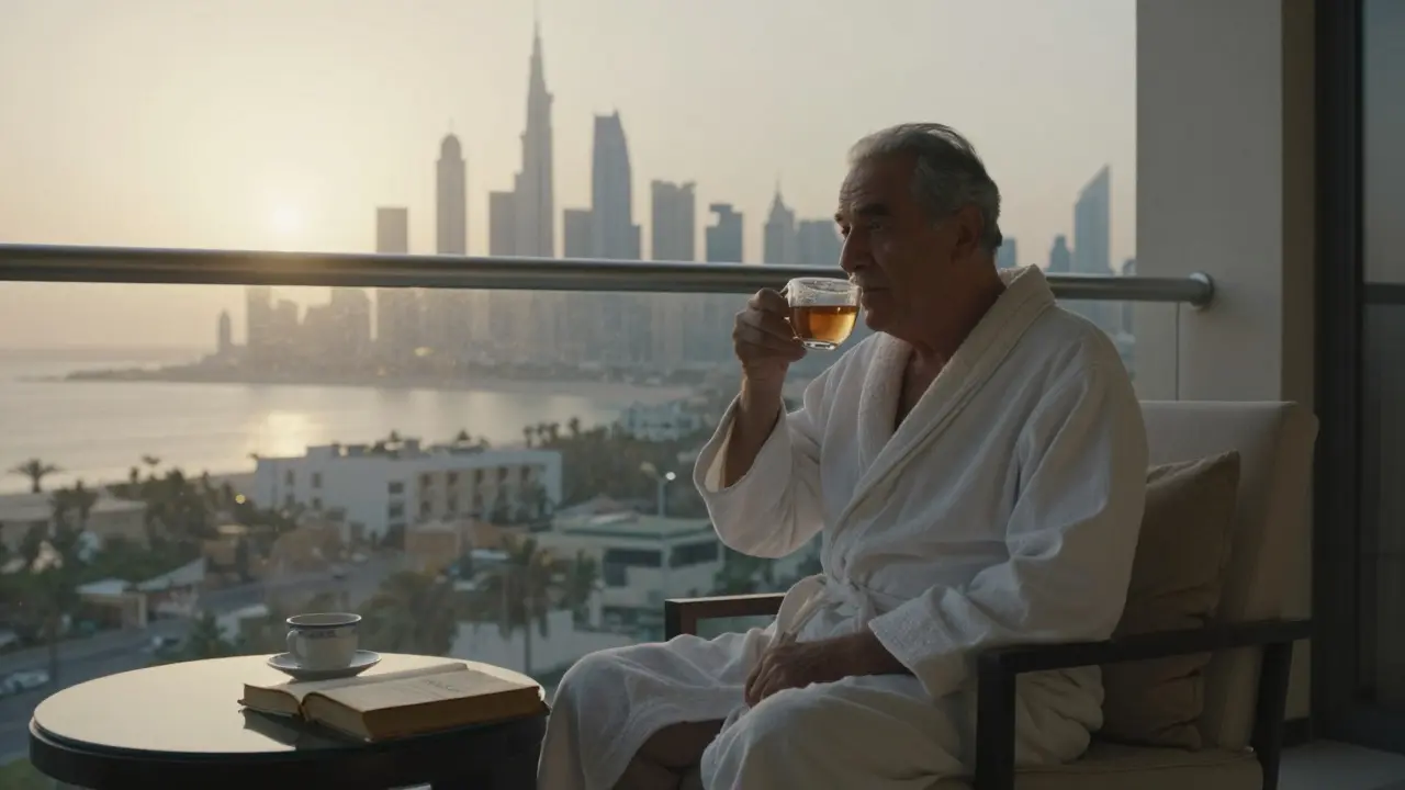 An elderly man sips tea on a hotel balcony at sunrise, with a book open on the nightstand beside him.