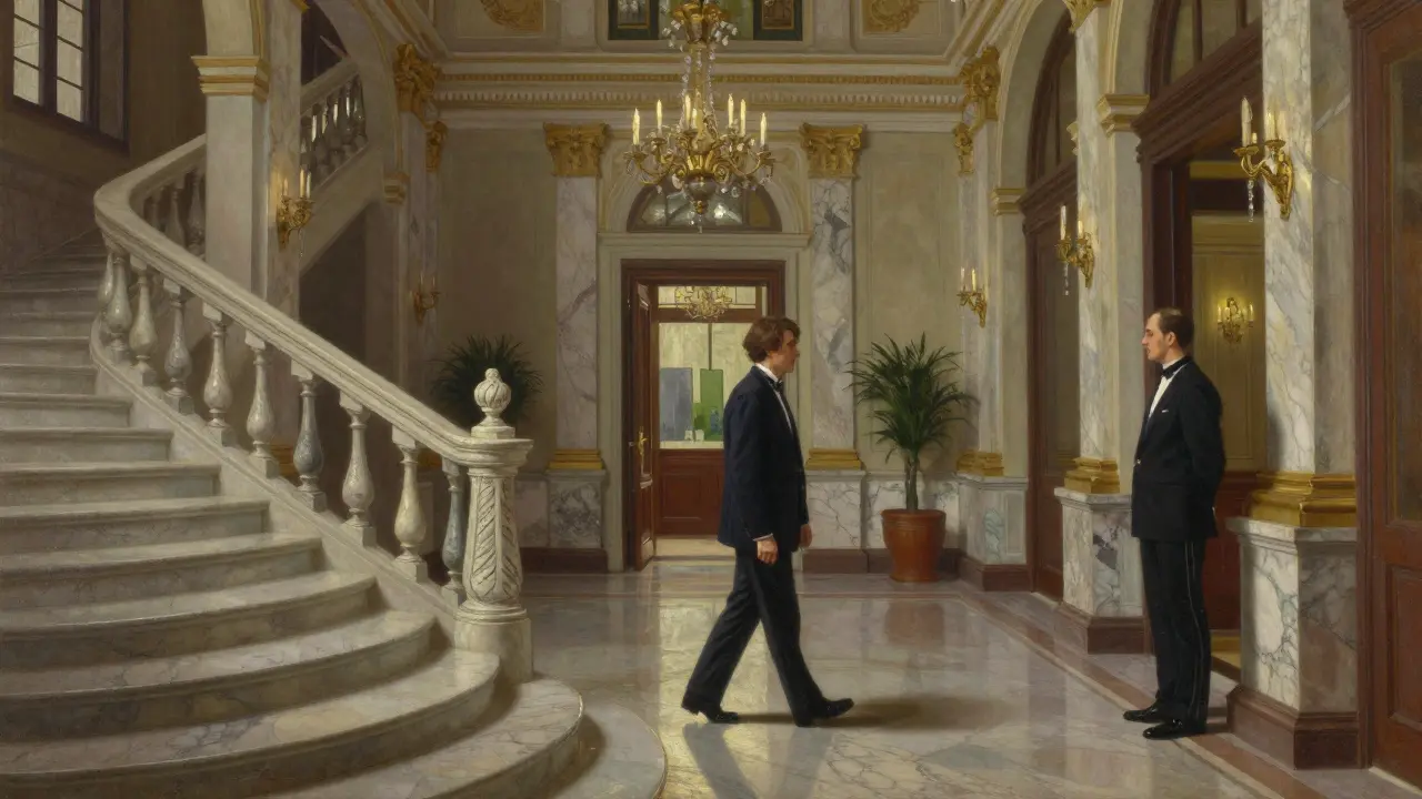 An elegant palace hotel foyer where a guest passes a concierge, no cameras, timeless luxury.