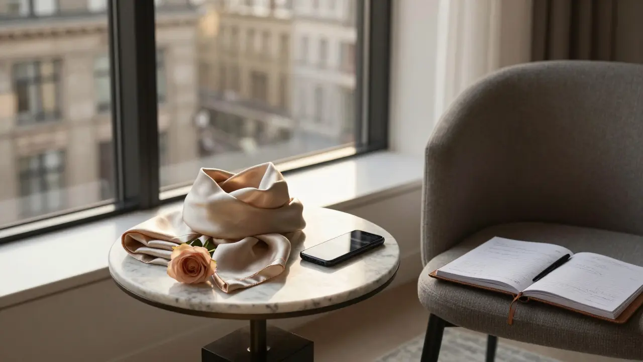 An empty chair in a sleek apartment with a rose, burner phone, and notebook, dawn light streaming in.