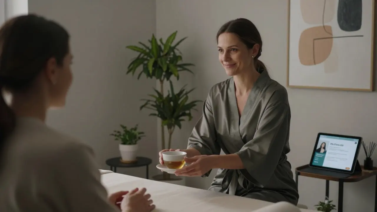 An escort offering tea to a client in a serene, professional salon setting in Kreuzberg.