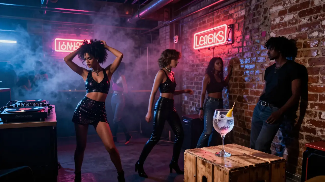 An industrial underground club with neon lights, dancers, and a DJ spinning vinyl in a smoky loft.