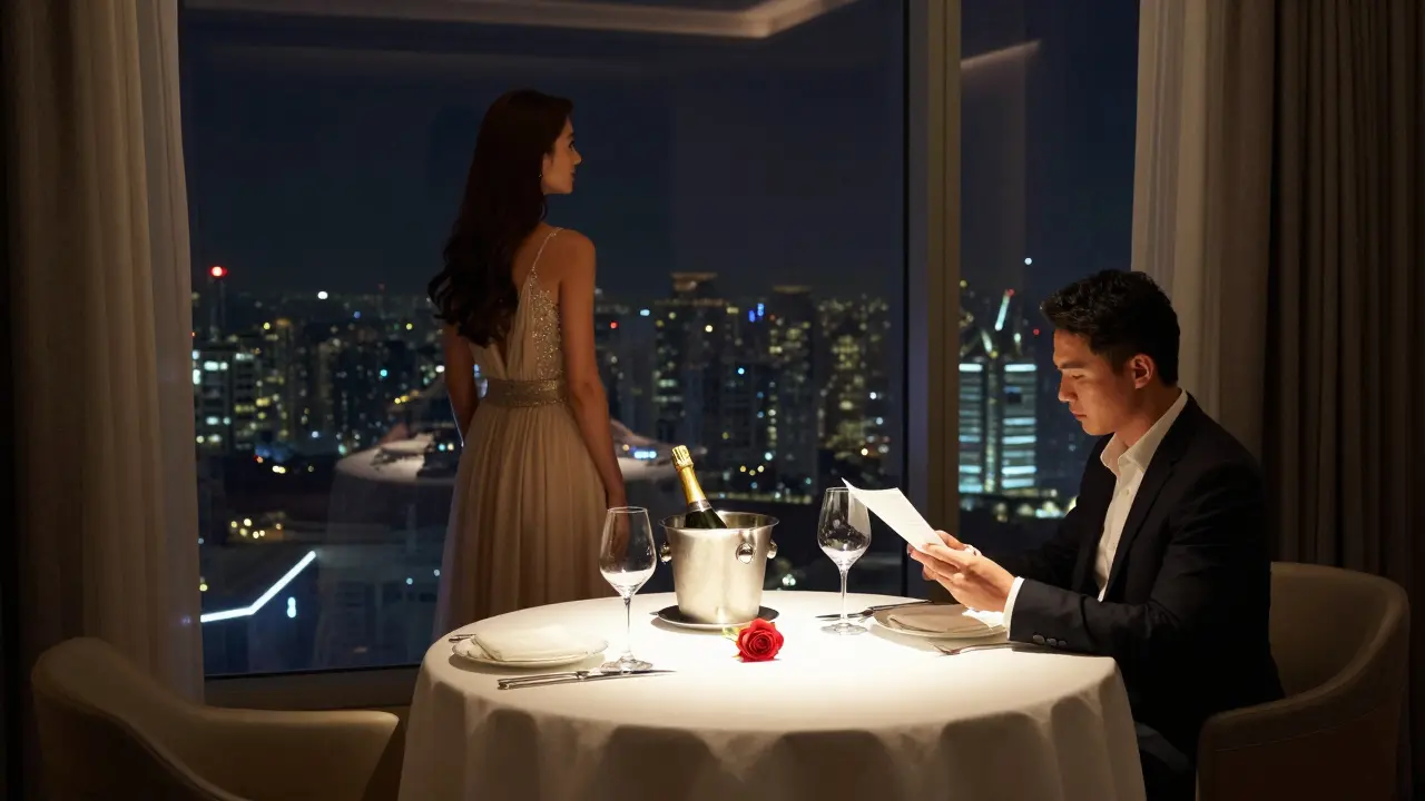 An intimate dinner setting in a luxury Dubai hotel suite, with fine dining, champagne, and soft lighting.