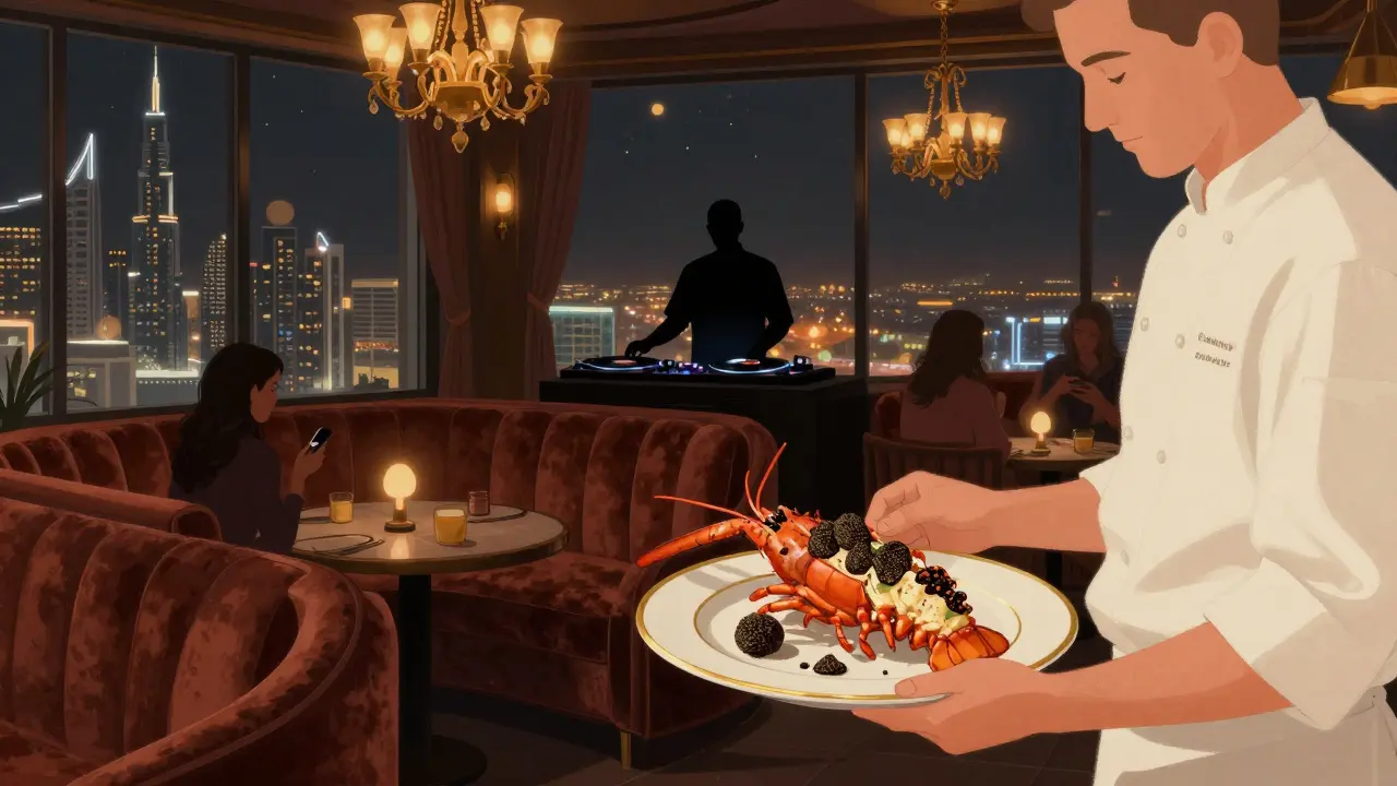 An intimate private lounge with velvet booths, gourmet food, and a DJ in silhouette, Dubai skyline outside.