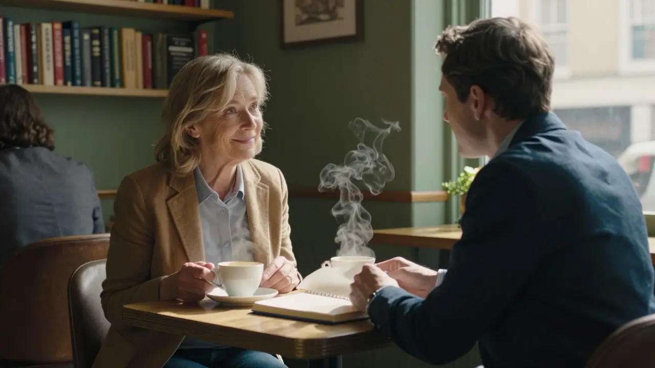 An older woman and her companion share tea in a cozy café, talking gently with warmth and no romantic tension.