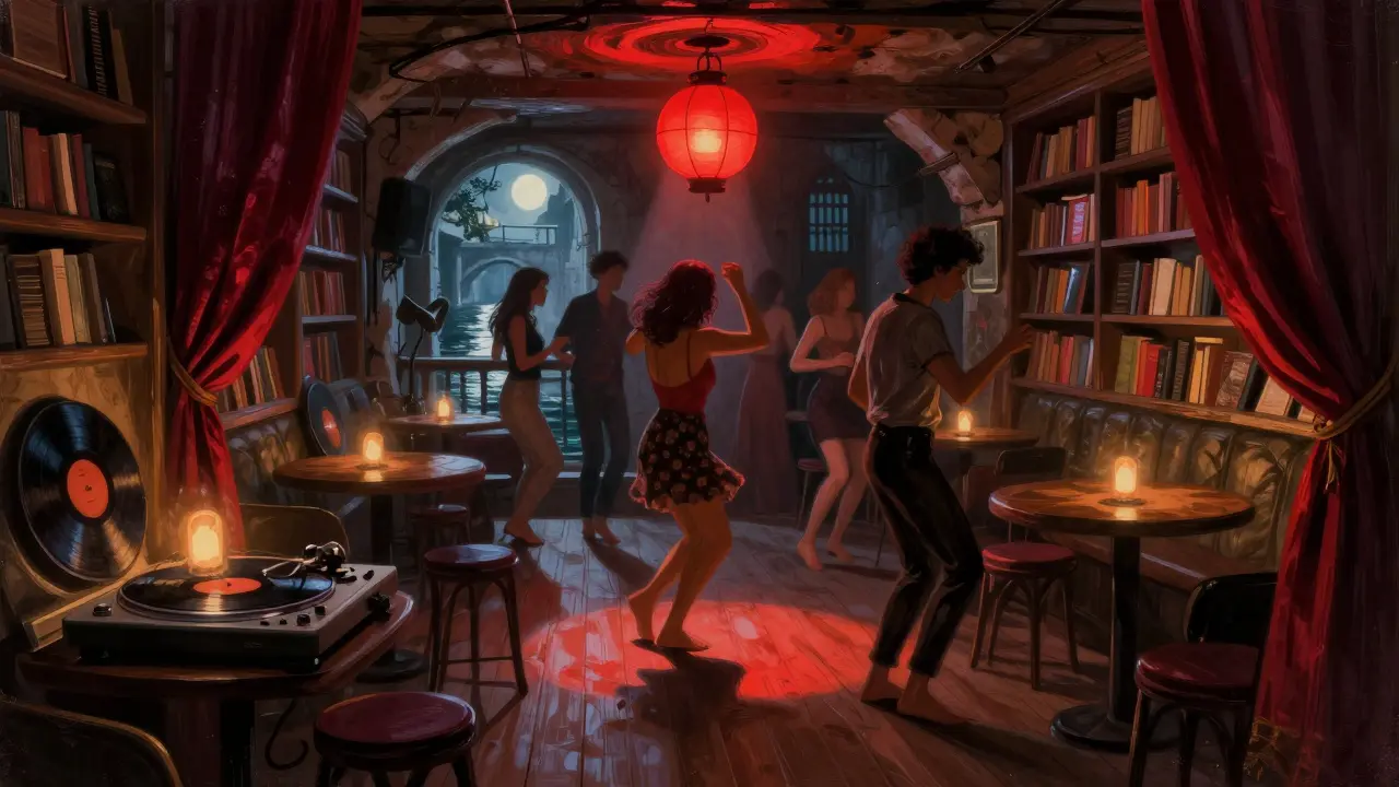 An underground jazz club behind a bookshop, candlelit and cozy, people dancing barefoot on wood floors.
