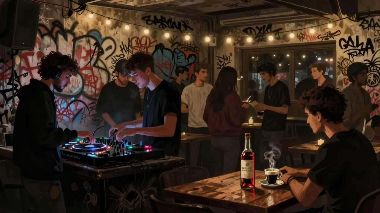 Babylon club in Beyoğlu with graffiti walls and diverse crowd dancing to live music at dawn.