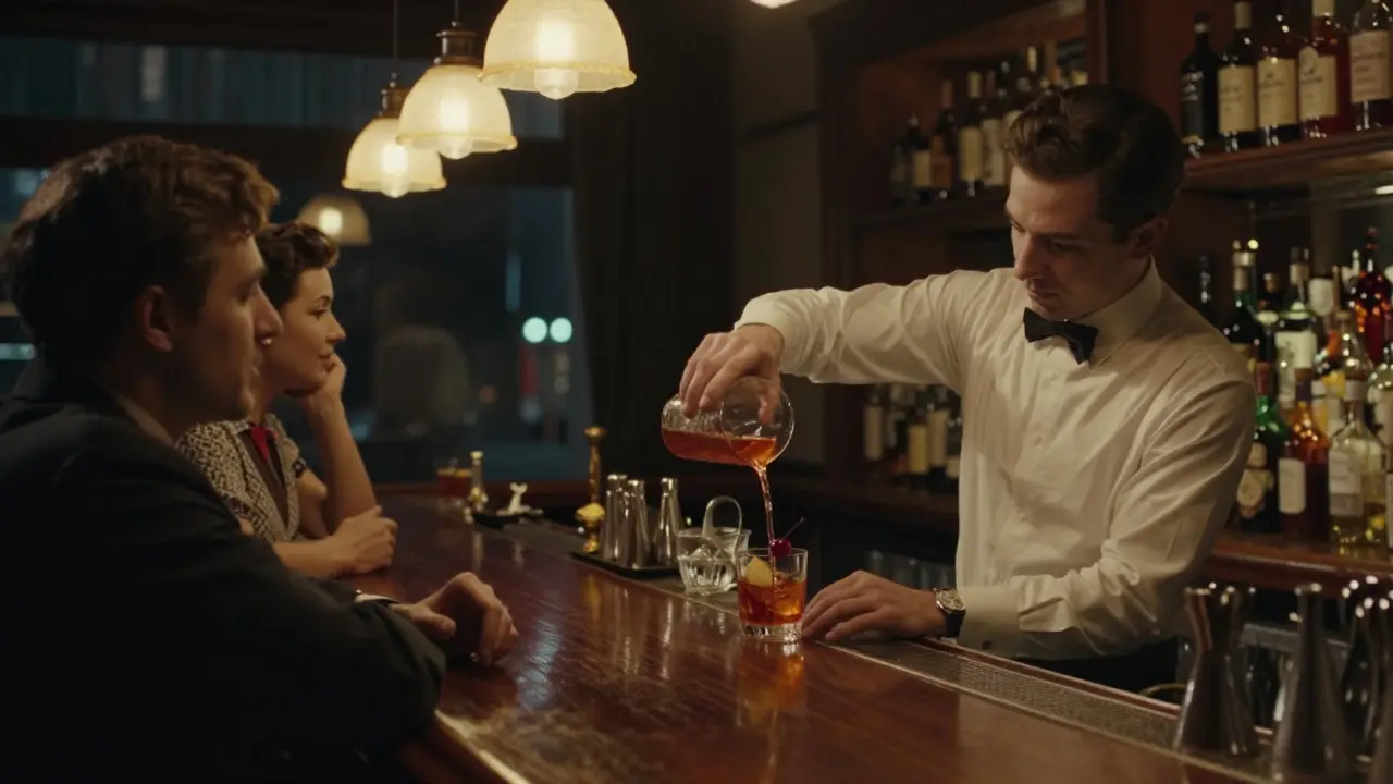 Bartender pouring a Negroni Sbagliato in the intimate, warmly lit interior of Bar Basso