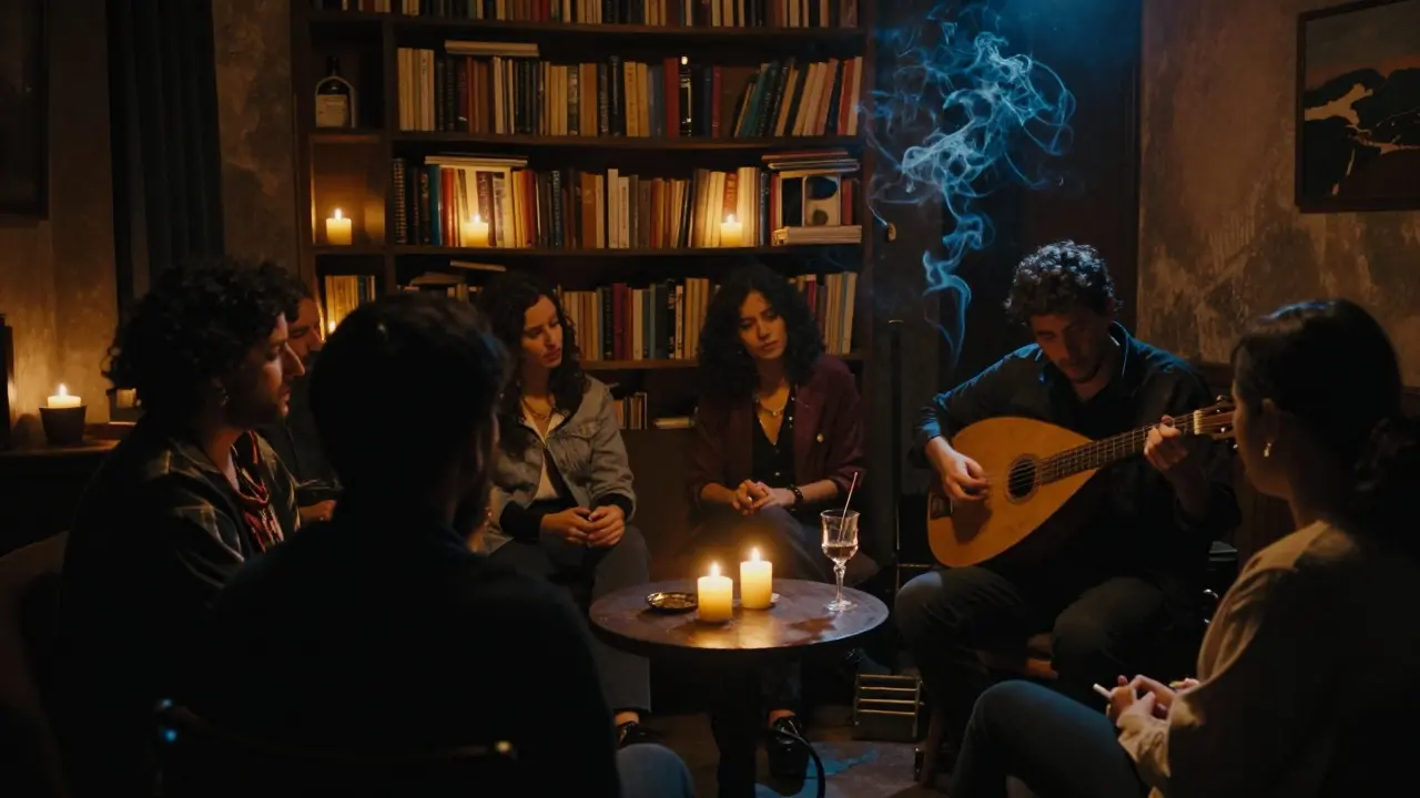 Candlelit secret club Arkaoda with musicians and patrons in warm, intimate shadows.