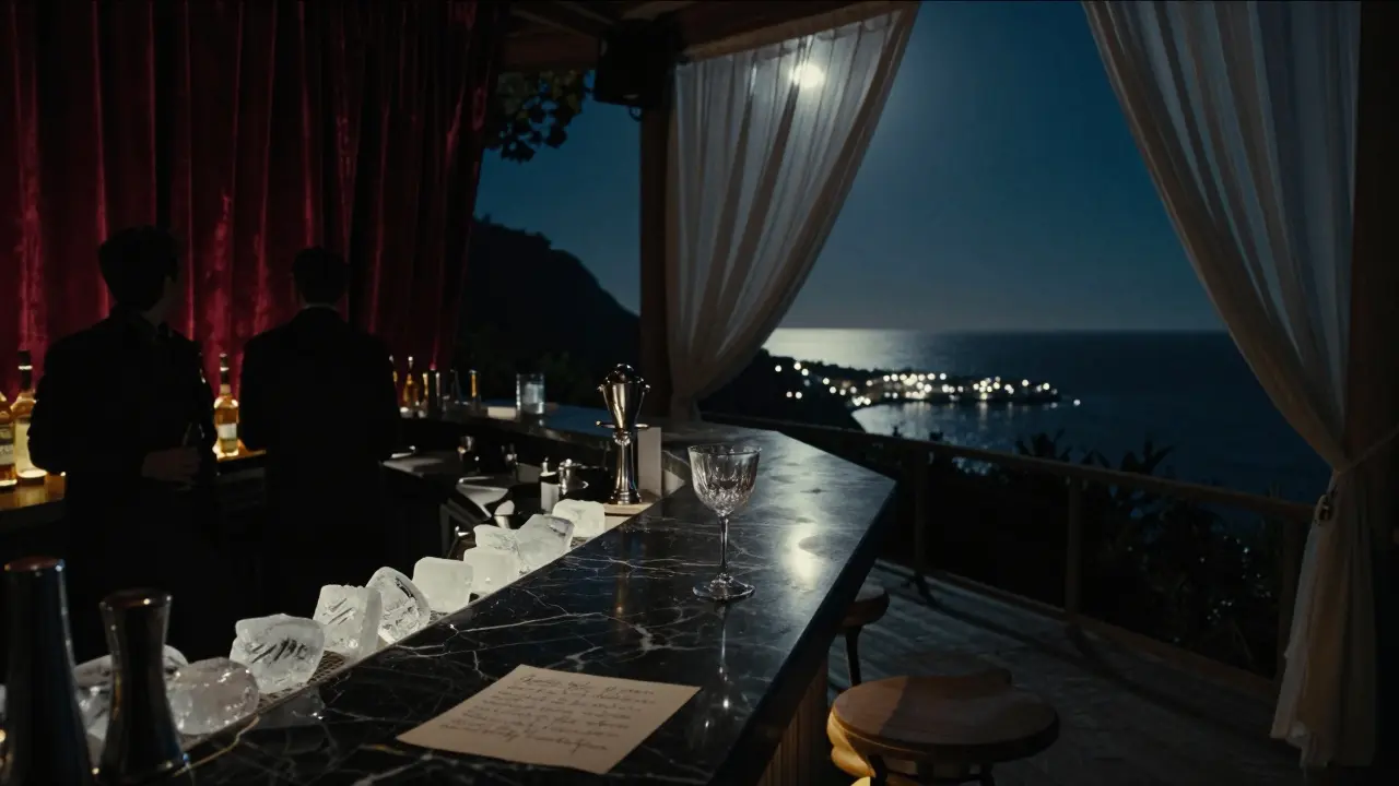 Cliffside bar with black marble counter and handwritten note, guests hidden behind velvet curtain, moonlit harbor below.