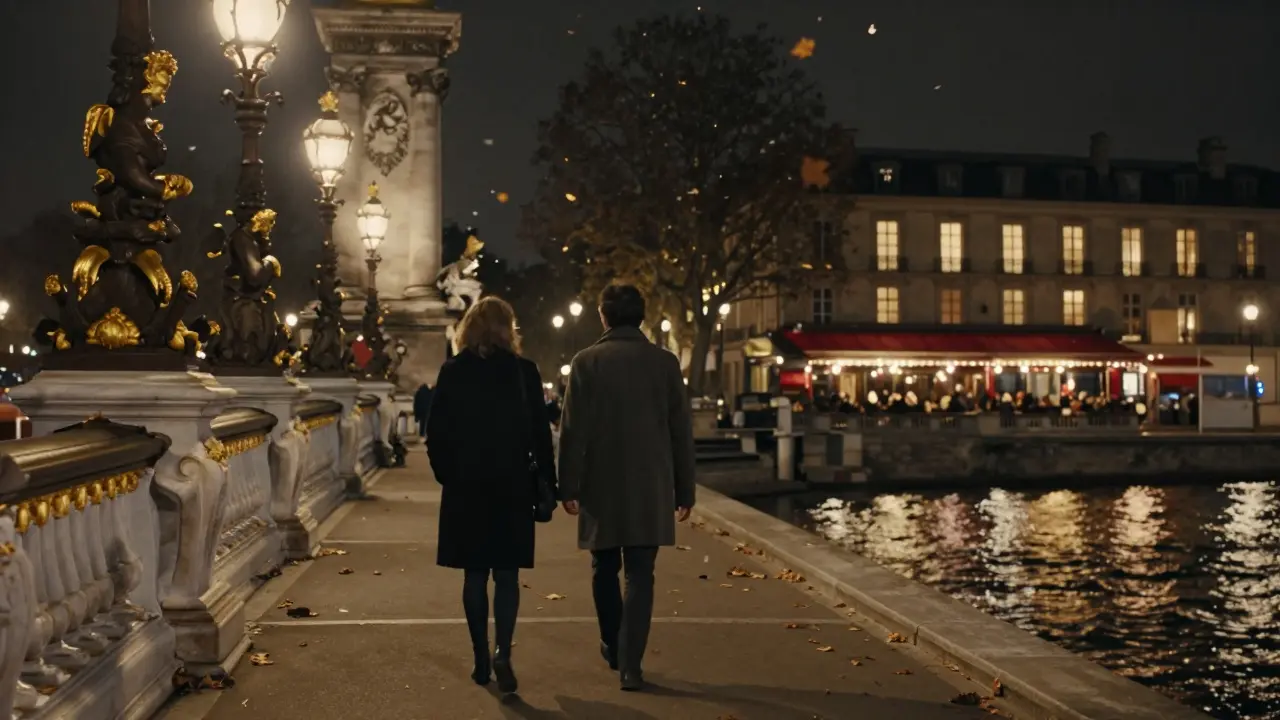 Couple walking hand-in-hand on Pont Alexandre III at night, golden bridge lights glowing.