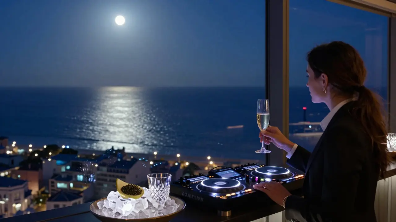 Couples at Sky Bar overlooking Monaco’s glowing sea at night, champagne flutes in hand, soft moonlight and city lights reflecting on glass.