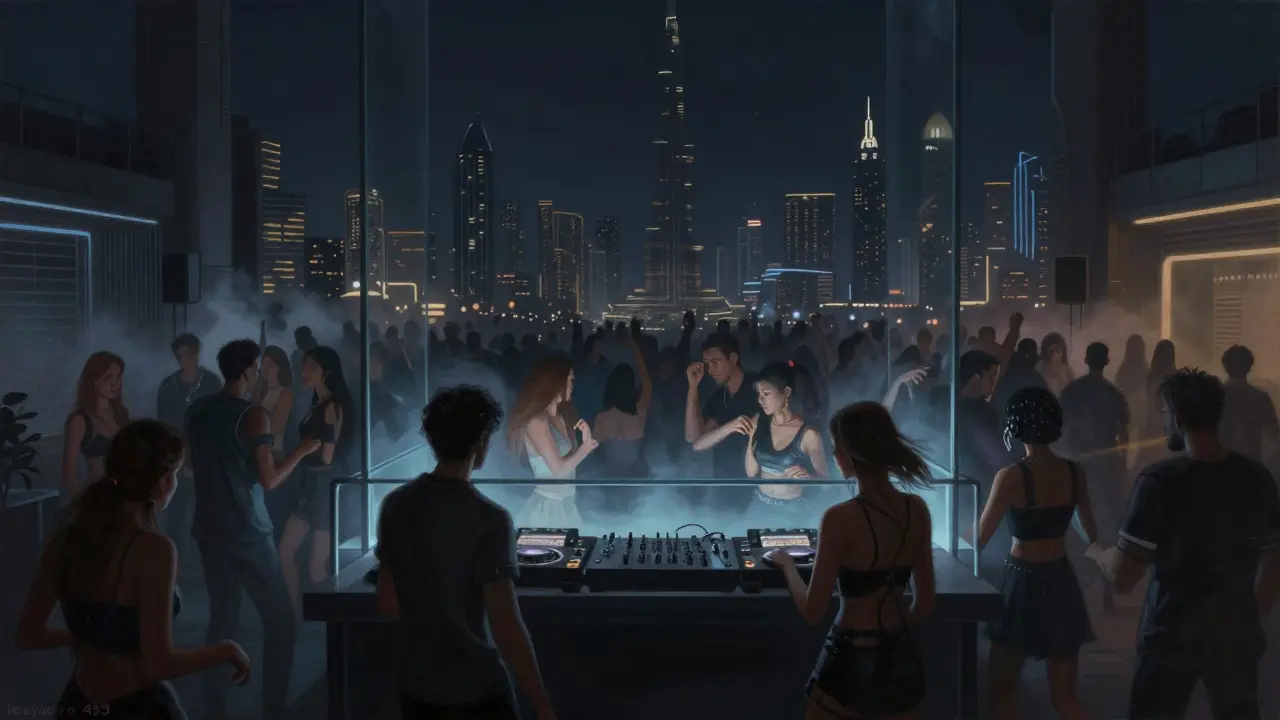 Crowd dancing at an underground rooftop club with glass DJ booth and city skyline in background.
