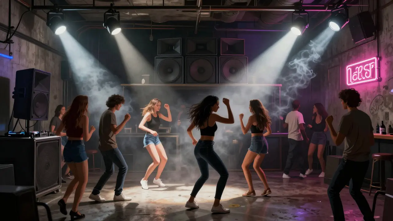 Crowd dancing energetically inside Alcatraz club under industrial lights with powerful bass