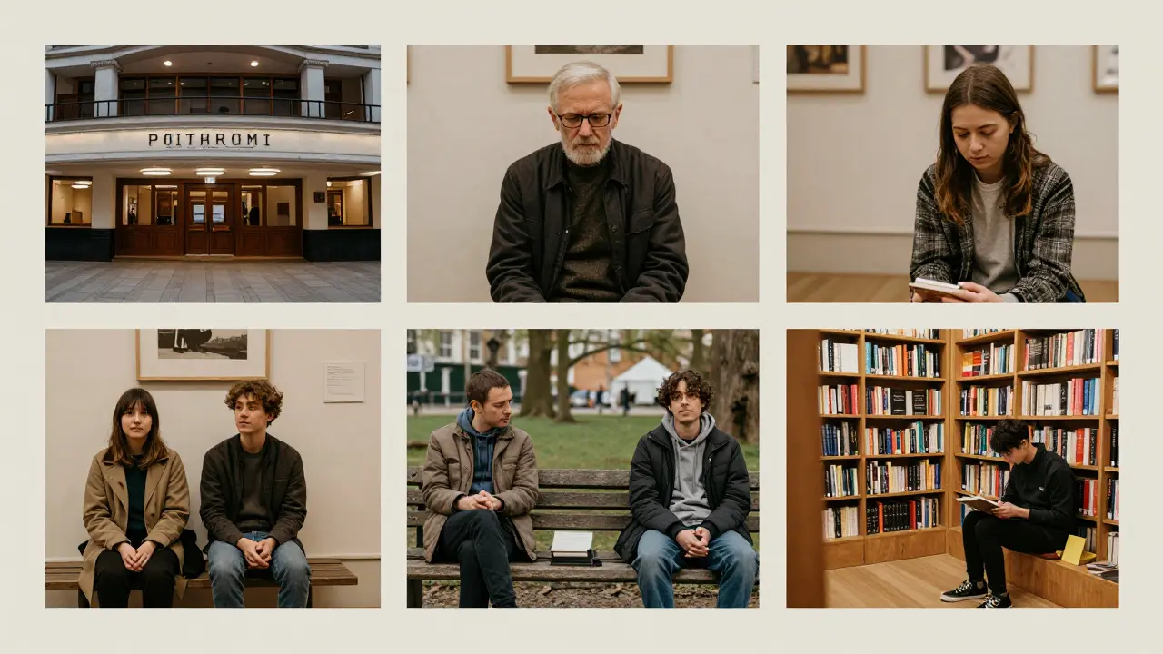 Diverse individuals sit quietly with professional companions in various London settings, embodying quiet human connection.