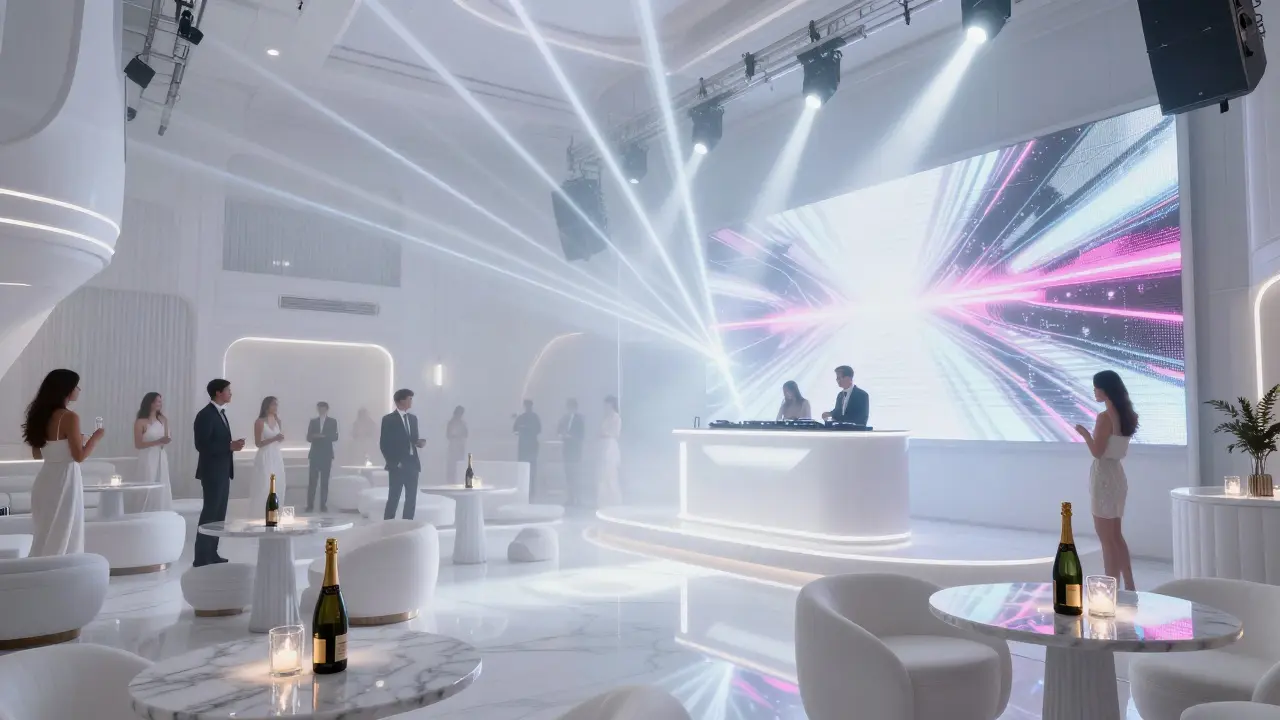 Elegant crowd in a dazzling all-white nightclub with laser lights and luxury details.