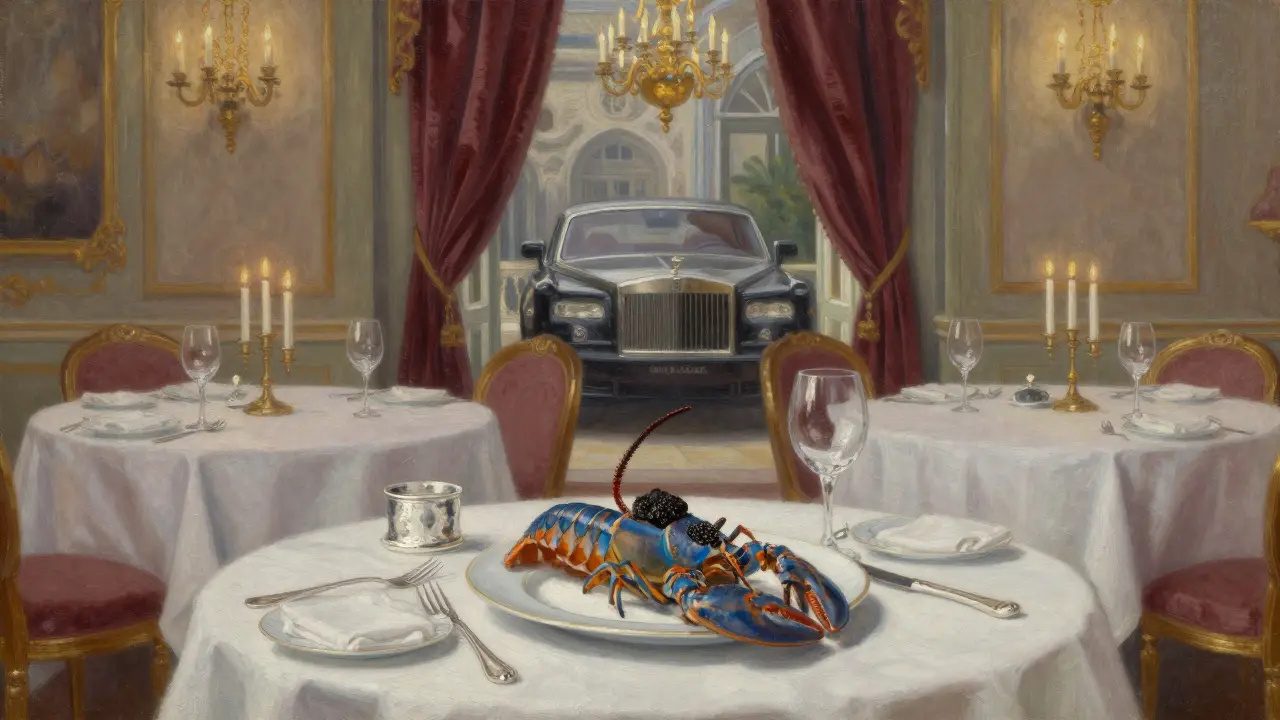 Elegant Michelin-starred restaurant with candlelit table and luxury car reflection.