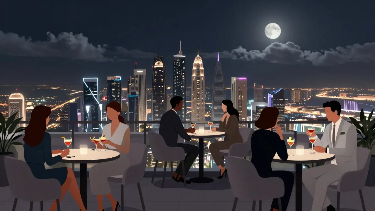 Elegant rooftop bar with guests overlooking Abu Dhabi’s illuminated skyline at night.