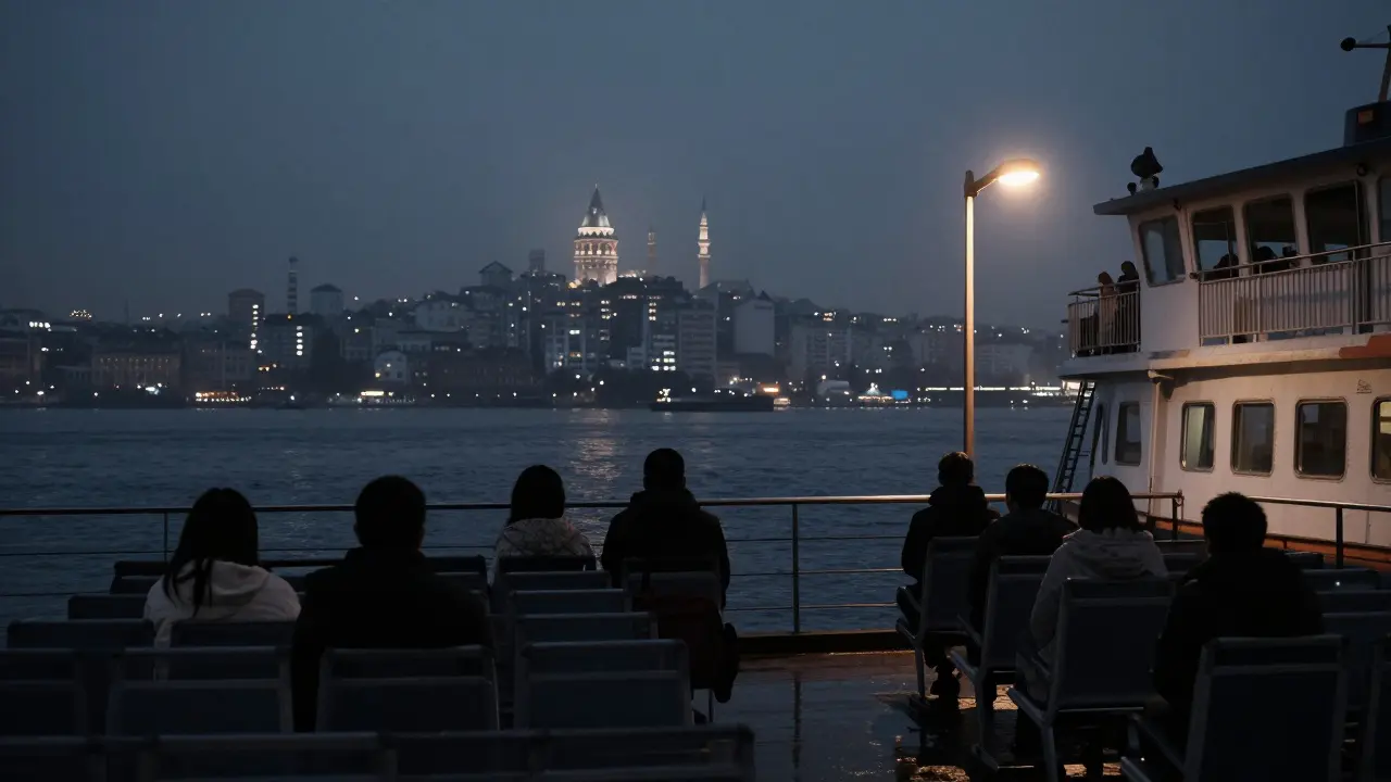 Ferry crossing the Bosphorus at night, silhouettes watching city lights reflected on dark water.